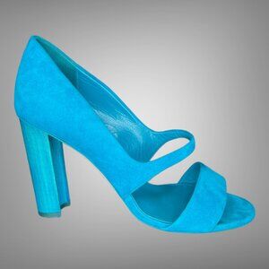 Hermes Muse Turquoise Goatskin Suede Open Toe Sandal Pumps Shoes EU 38 Heels